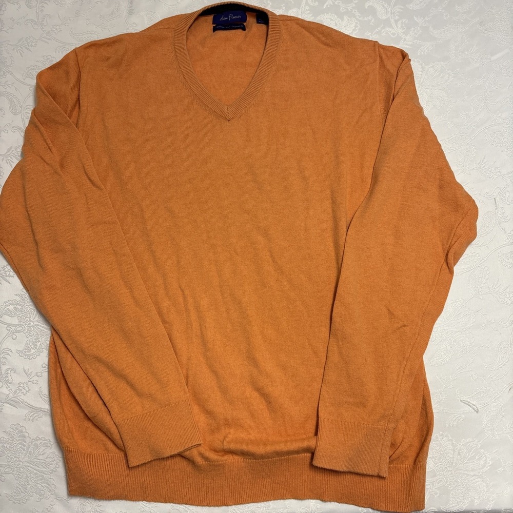 Alan Flusser Mens Cashmere Sweater Size L Orange Pullover V-Neck Luxury Preppy